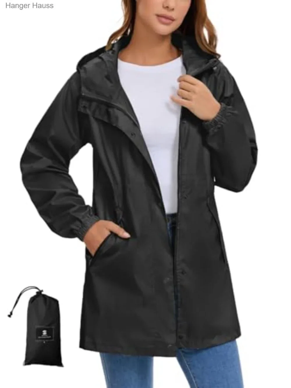Lightweight Packable Long Rain Jacket Hooded Waterproof Trench Coat for Women